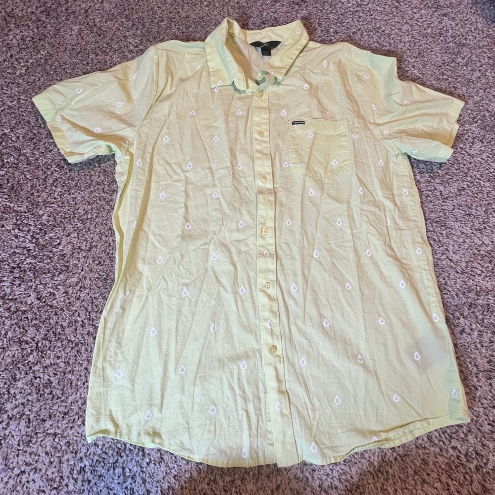 Volcom Mens XL Lime Green Short Sleeve Button Down Stone Logo Shirt A0402302
